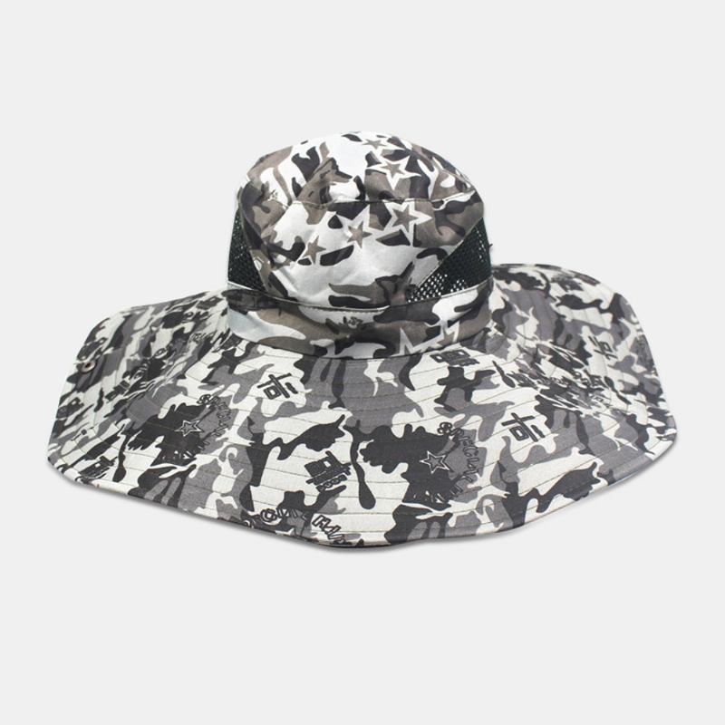 Män Kamouflage Mesh Andas Stor Brätte Utomhus Fiske Klättring Solskydd Bucket Hat