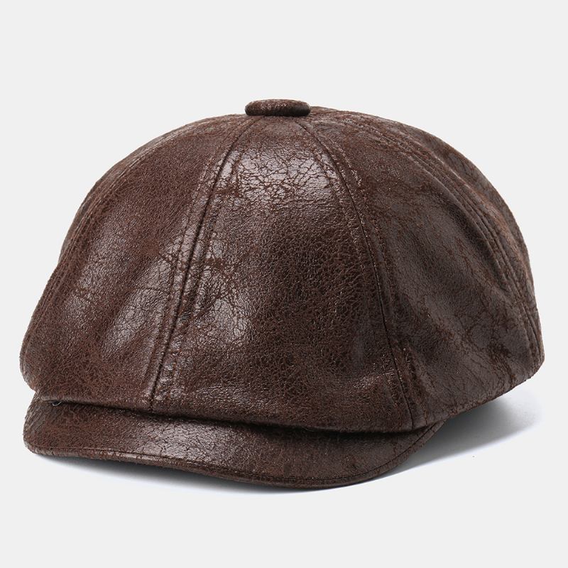 Män Knäckt Pu-läder Newsboy Hat Retro Basker Kepsar