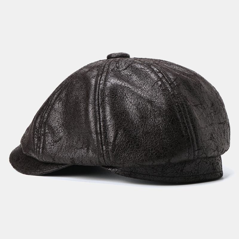 Män Knäckt Pu-läder Newsboy Hat Retro Basker Kepsar
