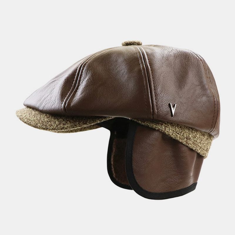 Män Konstläder Retro Casual Enfärgad Hörselskydd Framåt Hatt Åttakantig Hat Basker Cap