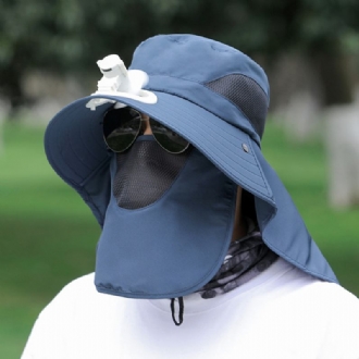 Män Mesh Andningsmask Gardin Lång Kappa 360 Graders Solskyddshatt Med Fläkt Utomhus Casual Bucket Hat