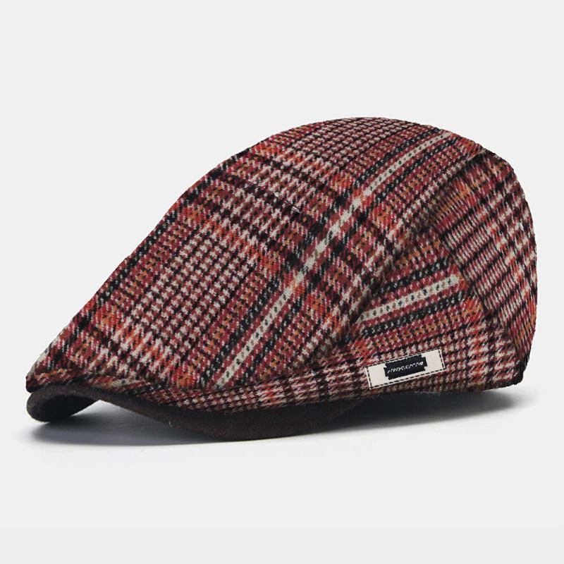 Män Pläd Stickad Basker Flat Cap Side Metal Label Justerbar Newsboy Hat