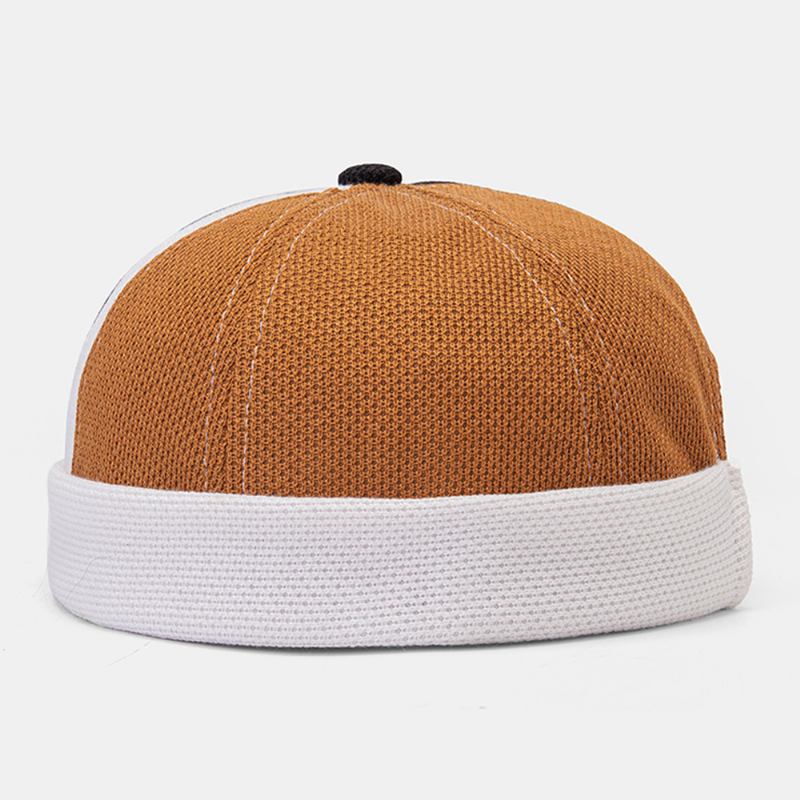 Män Polar Fleece Färgblock Sömmar Dome Beanie Skull Cap Höst Vinter Varm Justerbar Läder Spänne Hyresvärd Keps