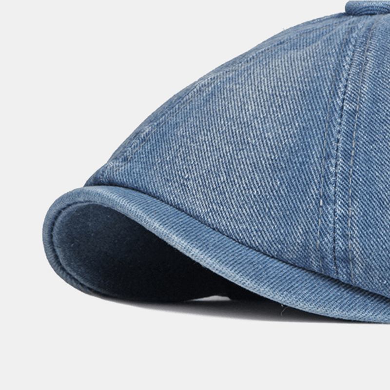 Män Tvättad Jeansrygg Elastiskt Band Design Justerbar Åttakantig Hatt Brittisk Retro Kortbrättad Tidningspojkehatt Platt Hatt Målarhatt