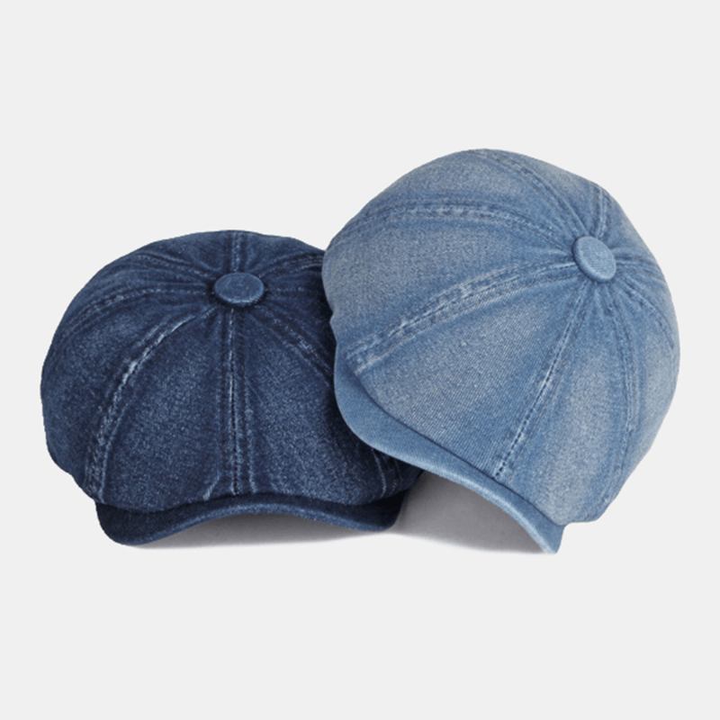 Män Tvättad Jeansrygg Elastiskt Band Design Justerbar Åttakantig Hatt Brittisk Retro Kortbrättad Tidningspojkehatt Platt Hatt Målarhatt