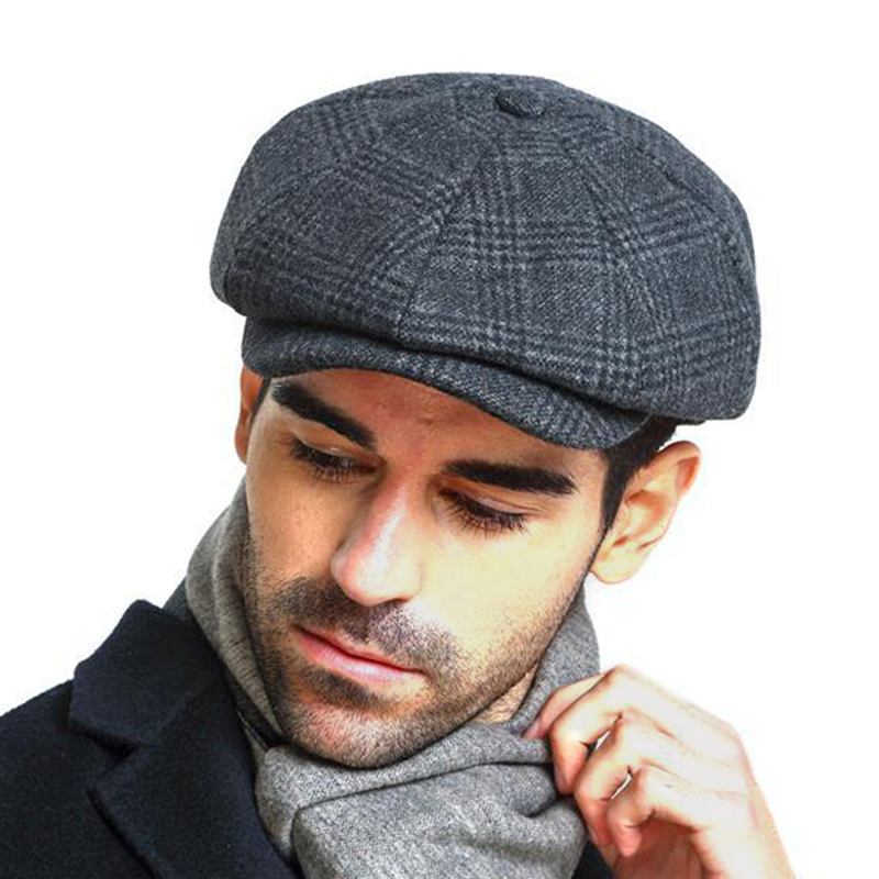 Män Vintage Ull Gjord Målare Basker Hat Vinter Varm Gentleman Octagonal Newsboy Cap