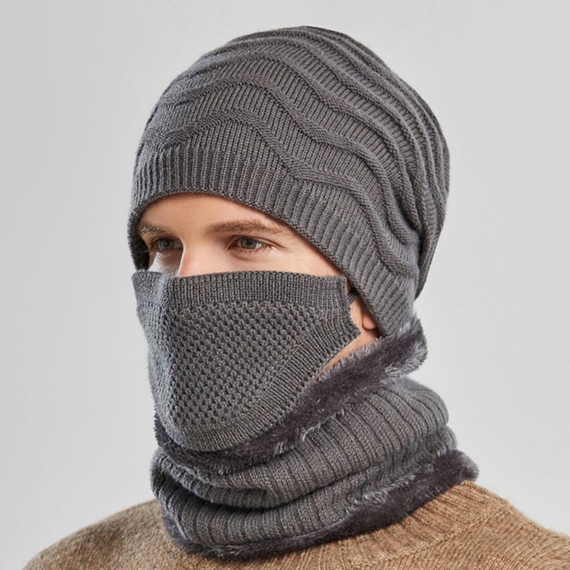 Unisex 3st Plus Sammet Tjock Varm Hals- Och Öronskyddsmask Huvudbonader Halsduk Stickad Mössa