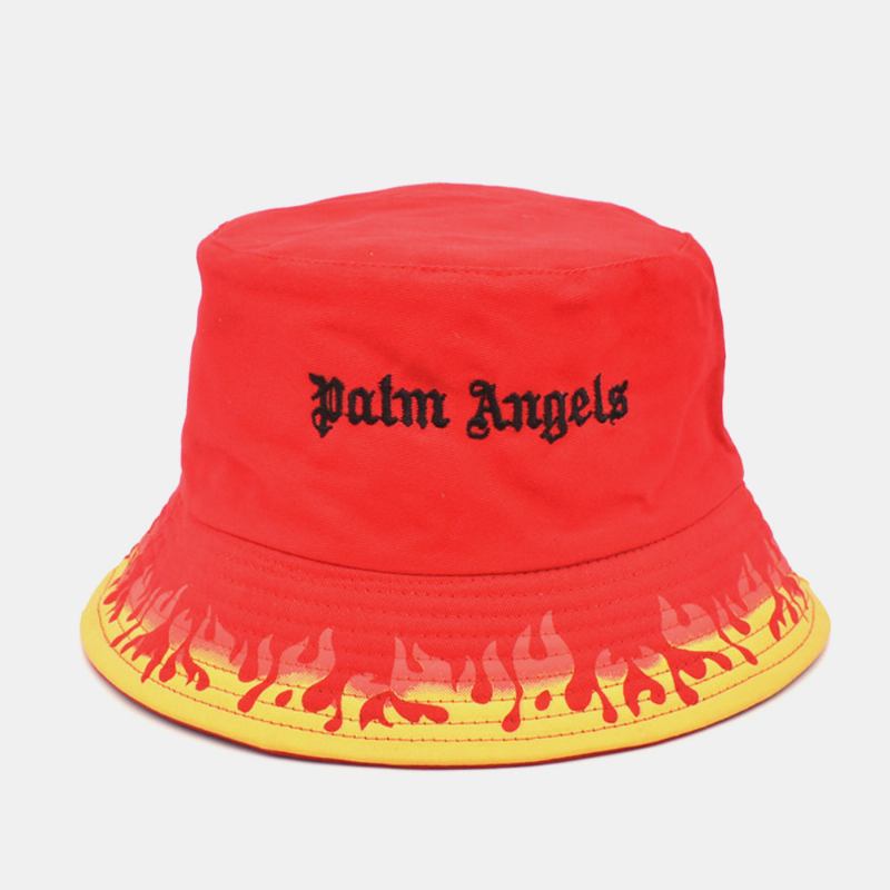 Unisex Bomull Dubbelsidigt Slitage Flame Med Tryck Brev Broderad Bucket Hatt Mode Hopfällbar Andningsbar Solskyddshatt