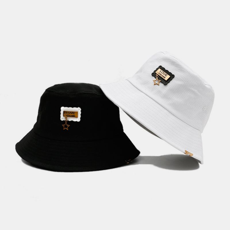 Unisex Bomull Med Bred Brätte Metalletikett Bucket Hatt Utomhus Vild Femuddig Stjärnhänge Anti-uv Solskyddshatt