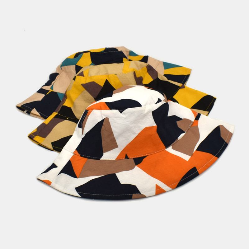 Unisex-färgad Bucket-hatt Bomullsfärgad Geometriskt Mönster Solskyddsmedel Packbar Utomhusresor Strandmössa