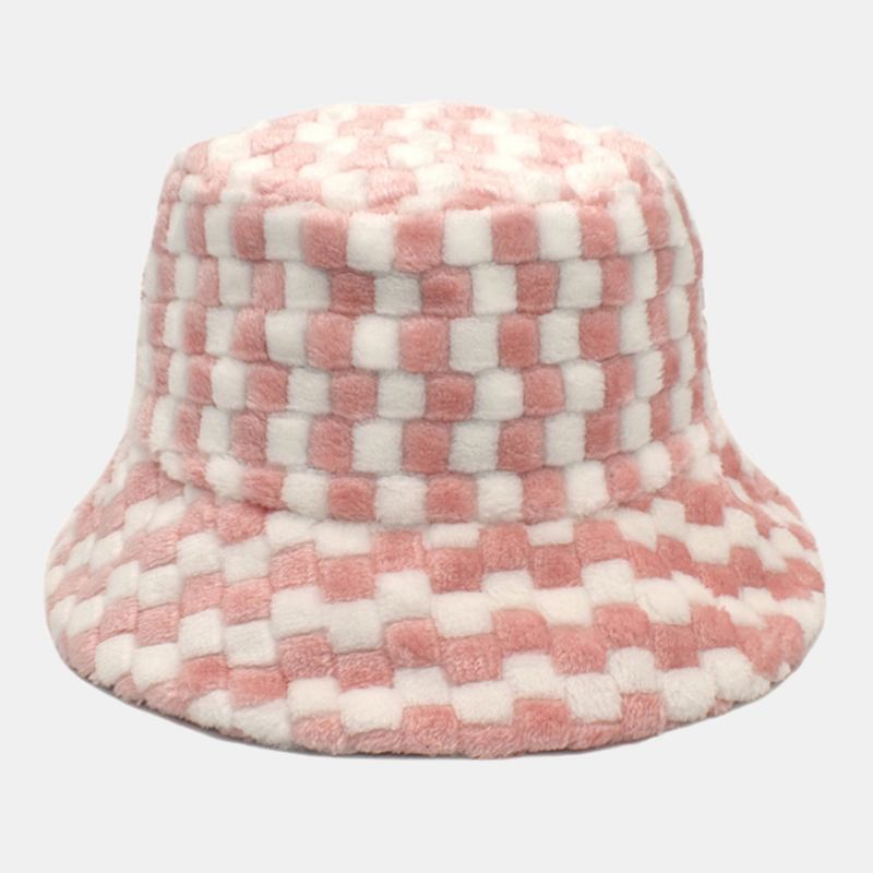 Unisex Gitter Jacquard Plysch Värme Bucket Hat Utomhus Casual Tjock Cool Skydd Fusk Kaninpälsmössa