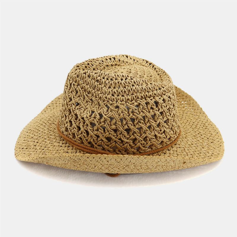 Unisex Handgjorda Solskyddsmedel Resor Strandsolhatt Cowboy Stil Panamahatt Halmhatt Med Justerbart Snöre
