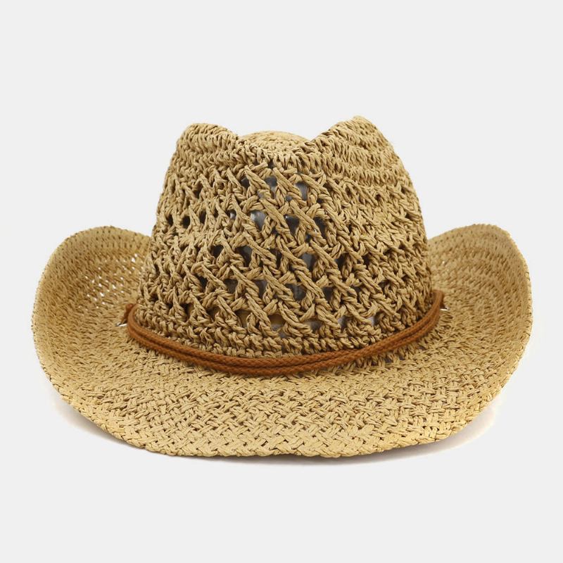 Unisex Handgjorda Solskyddsmedel Resor Strandsolhatt Cowboy Stil Panamahatt Halmhatt Med Justerbart Snöre