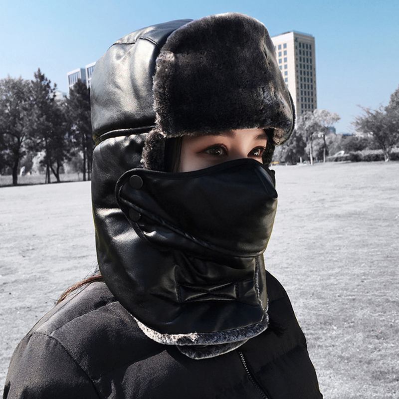 Unisex Konstläder Varm Vindtät Öronansikte Ögonskydd Utomhusridning Trapper Hat