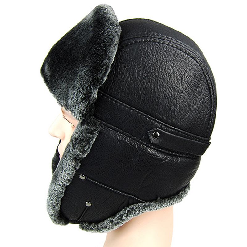 Unisex Öronlapp I Pu-läder Öronskyddshatt I Fuskpäls Plysch Linnespänne Pilot Trapper Cap