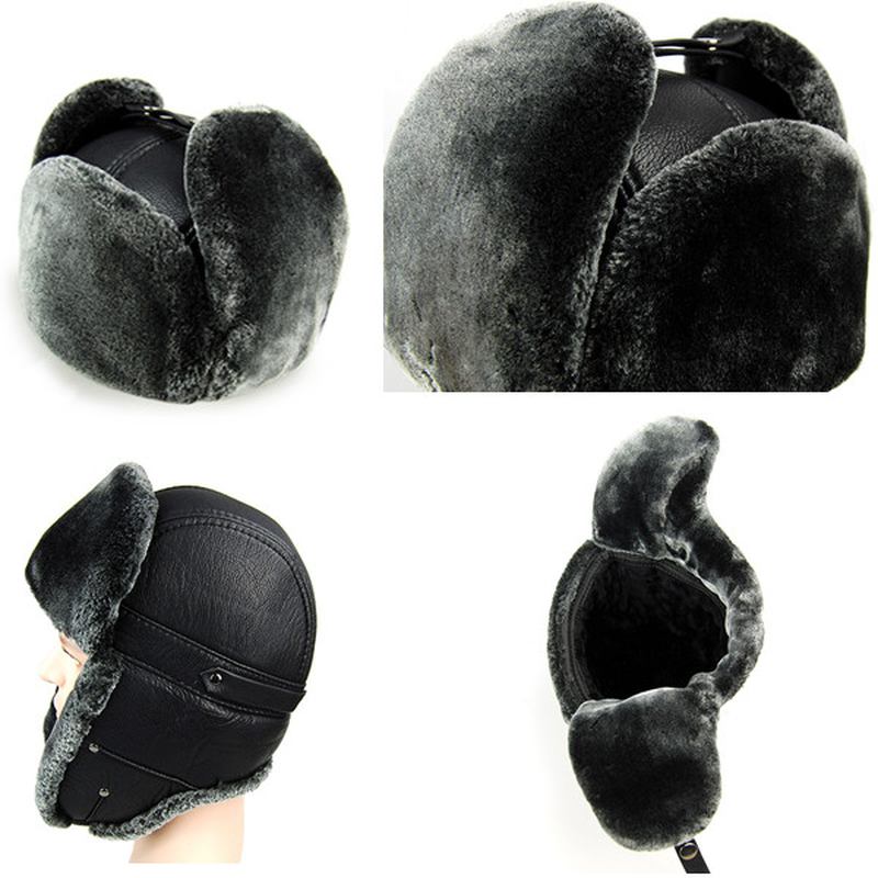 Unisex Öronlapp I Pu-läder Öronskyddshatt I Fuskpäls Plysch Linnespänne Pilot Trapper Cap