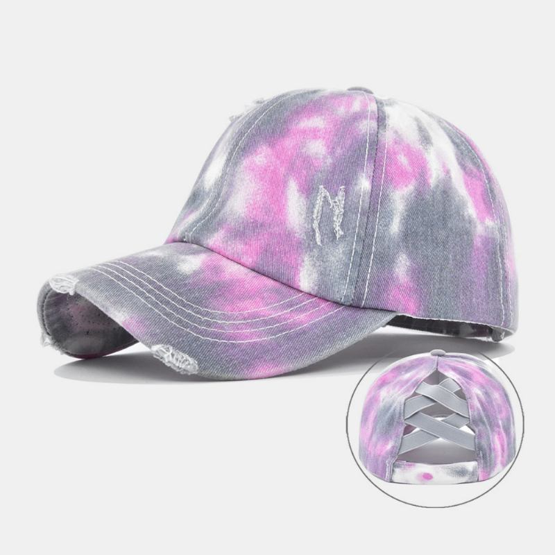 Unisexfärgad Tie-dye Hästsvans Baseballkeps Brutna Hål Stor Brätte Andningsbar Stretch Fit Cap