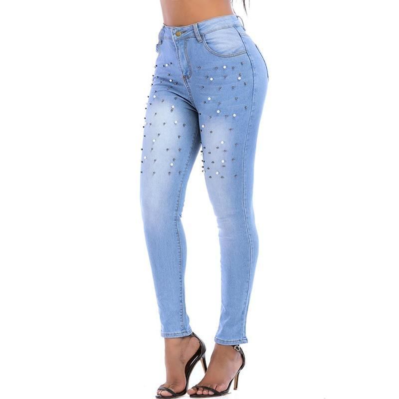 Dam Jeans Byxor Skinny Pearl Beaded Front Jeans Sommar Vår Medel Midja Dragkedja Lång Denim Casual Byxor