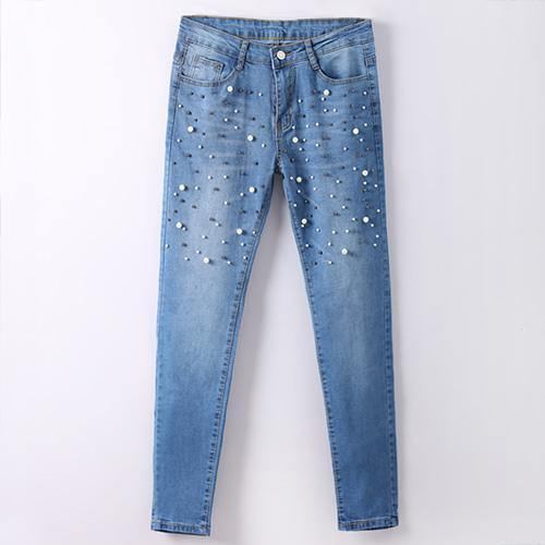 Denim Kvinnor Skinny Jeans Med Pärlor Byxor Slim Pearl Jeans Kvinna 2018 Mid Waist Pencil Jean För Dam