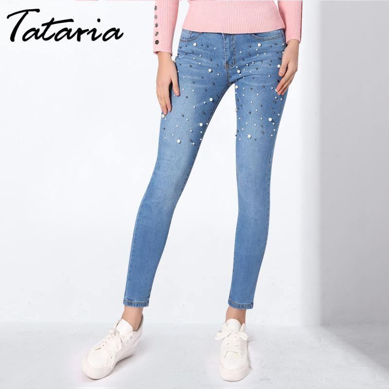 Denim Kvinnor Skinny Jeans Med Pärlor Byxor Slim Pearl Jeans Kvinna 2018 Mid Waist Pencil Jean För Dam