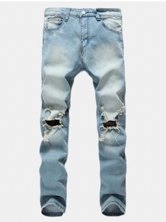 Herr Hål Mode Casual Raka Ben Jeans Vintage Ljusblå Jeansbyxor