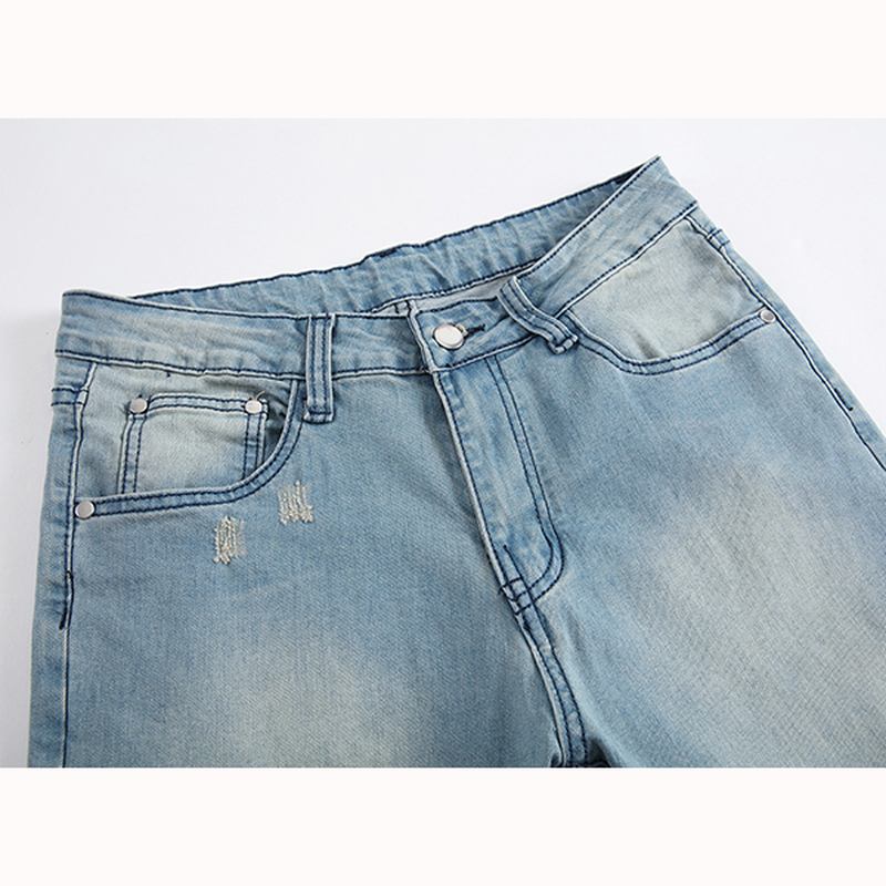 Herr Hål Mode Casual Raka Ben Jeans Vintage Ljusblå Jeansbyxor