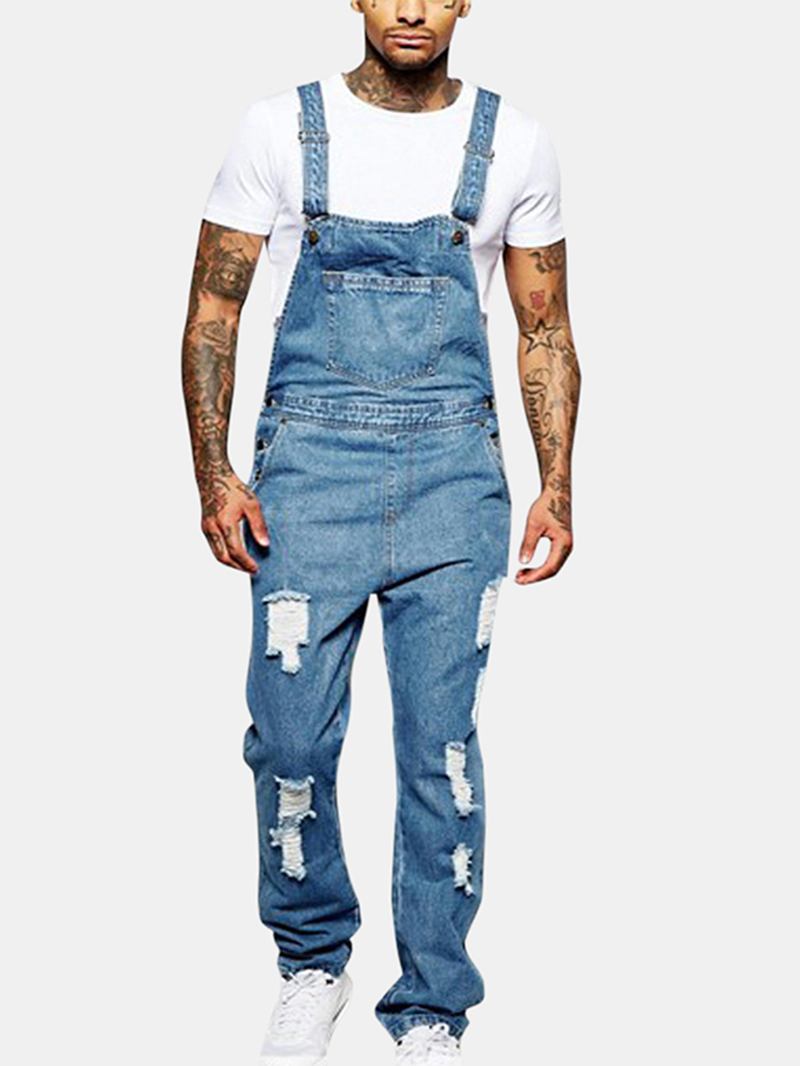 Herrmode Sling Romper Torn Denim Enfärgad Casual Suspender Byxor