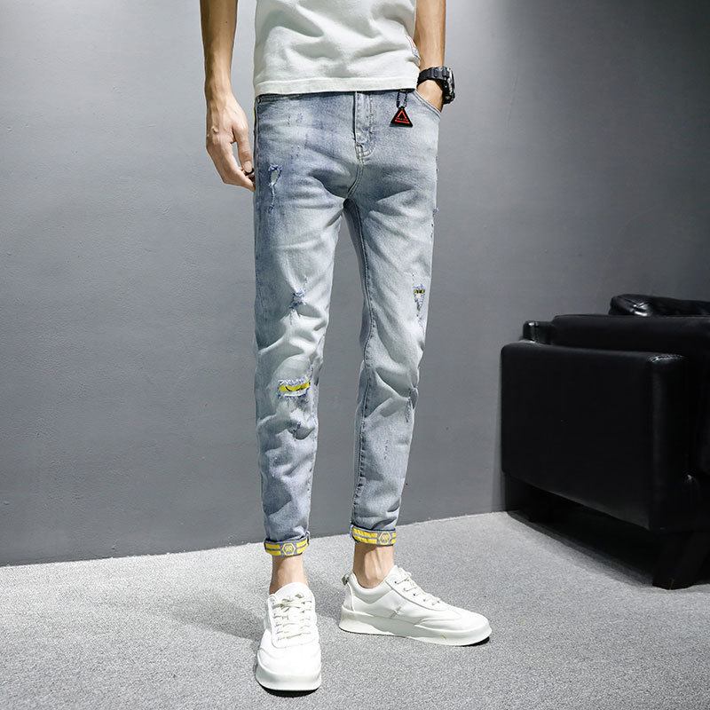 Jeans Herr Trendigt Märke Vår Och Höst Nya Slimma Casual Byxor Med Nio Punkt Herrbyxor