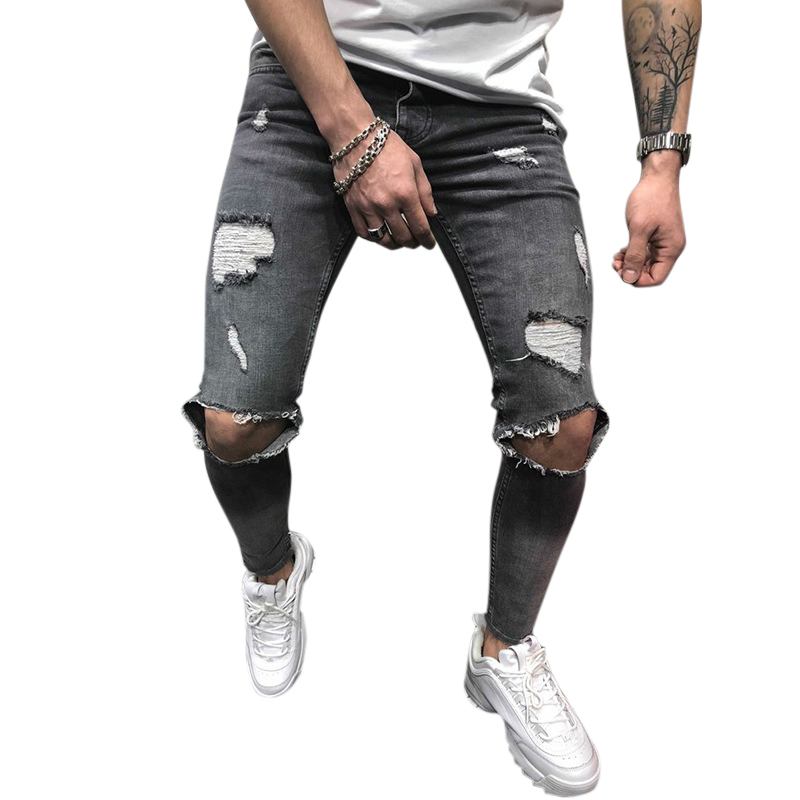 Jeansbyxor För Män Hål Slimmode Jeans Med Medelhöga Höjder