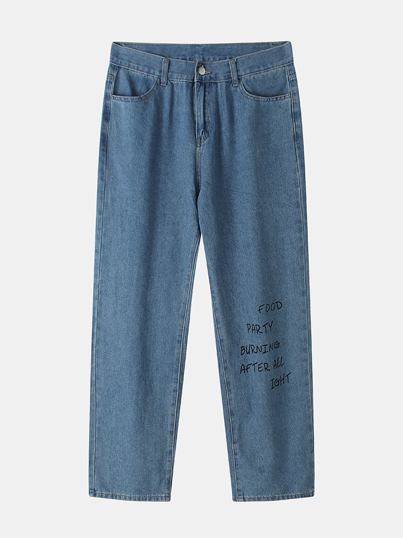 Män Letter Pattern Pocket Loose Mid Waist Jeans