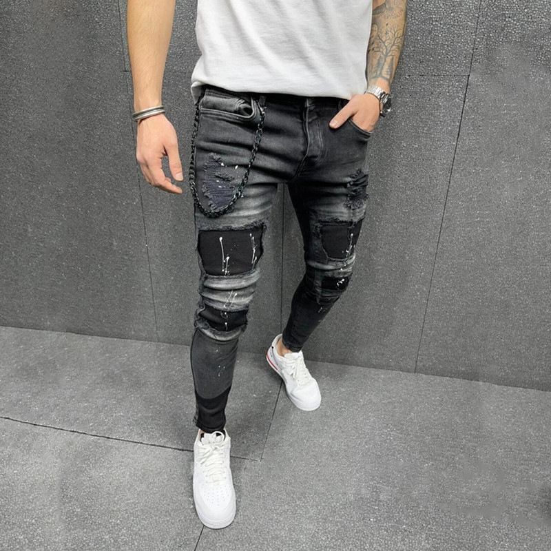 Nya Lappade Elastiska Skinny Jeans För Män