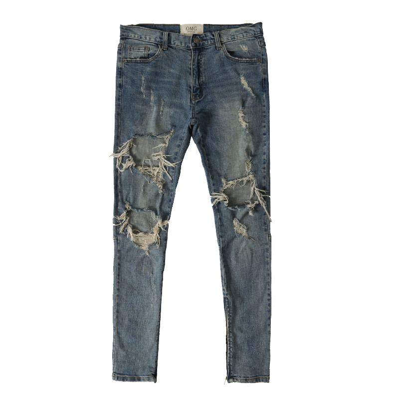 Slim-fit Stretchjeans Med Stora Hål Och Gul Innerdragkedja