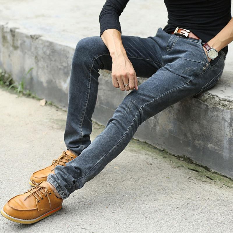 Vintage Män Slim Fit Jeans Hög Kvalitet Byxor Designer Business