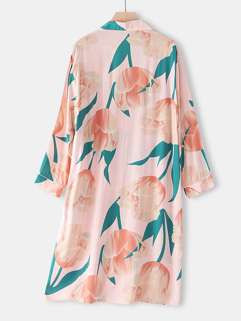 Kvinnor Överallt Med Blommönster Revere Collar Contrast Binding Långärmad Sleepshirt