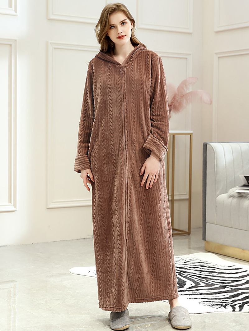 Kvinnors Zip Front Flanell Med Huva Lång Morgonrock