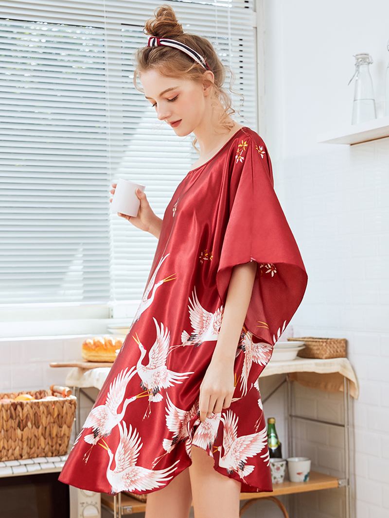 Lösärmad Crane Med Tryck Silk Robes Nattlinne