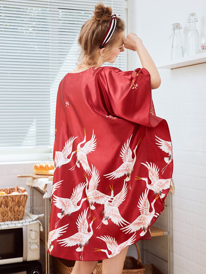 Lösärmad Crane Med Tryck Silk Robes Nattlinne