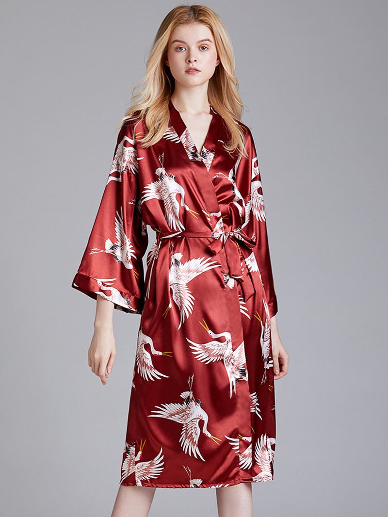 Plus Size Crane Med Tryck Half Sleeve Longline Kimono Robe Sovkläder