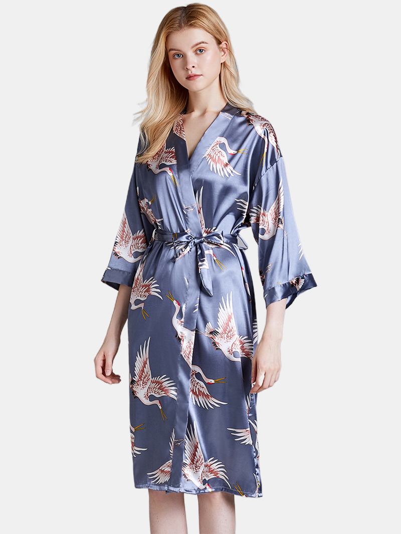 Plus Size Crane Med Tryck Half Sleeve Longline Kimono Robe Sovkläder