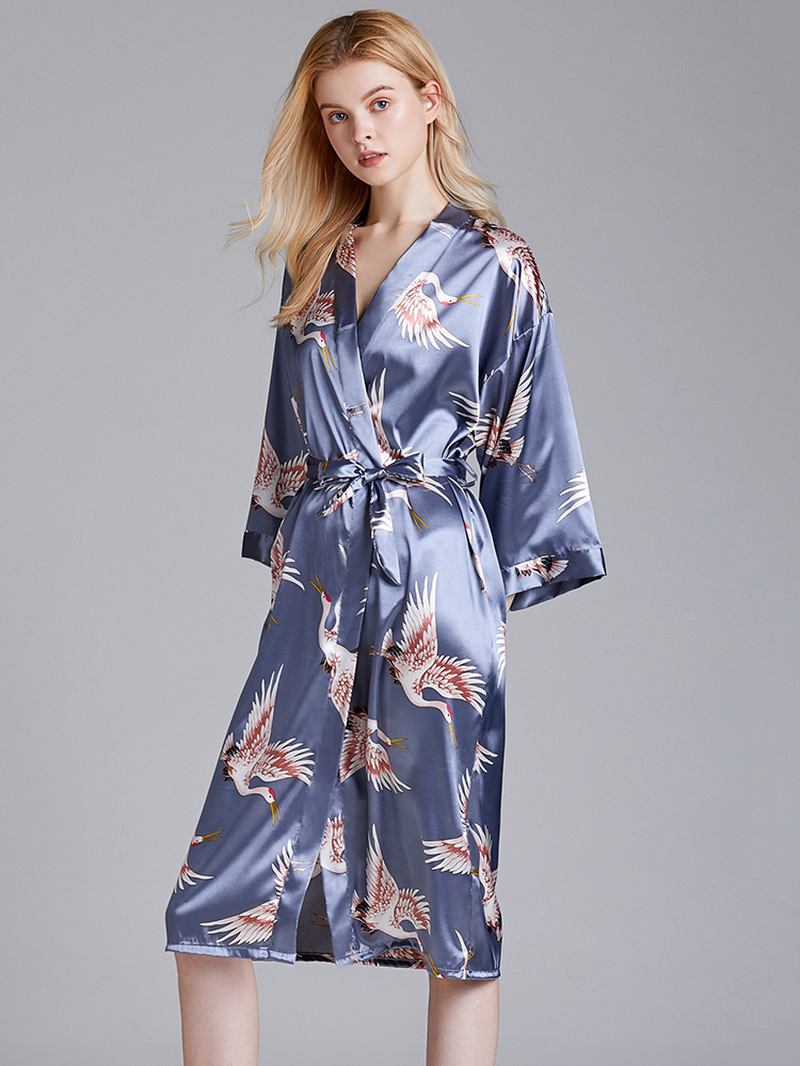 Plus Size Crane Med Tryck Half Sleeve Longline Kimono Robe Sovkläder