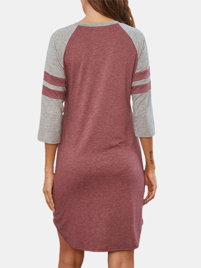 Plus Size Dam Patchwork 3/4-ärm Nattlinne Med Rund Hals