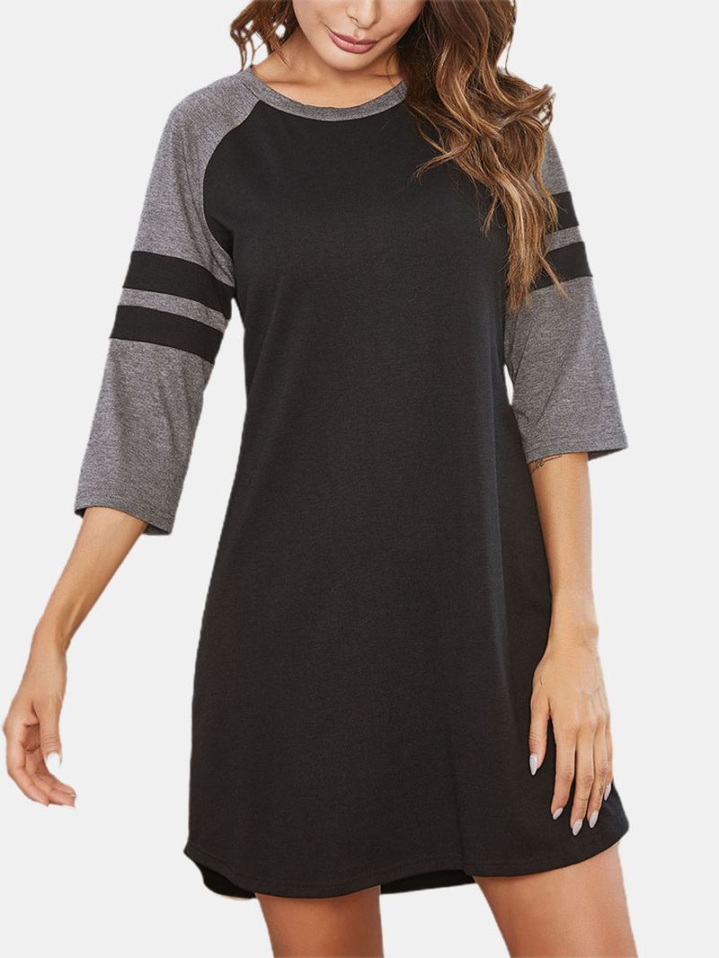 Plus Size Dam Patchwork 3/4-ärm Nattlinne Med Rund Hals