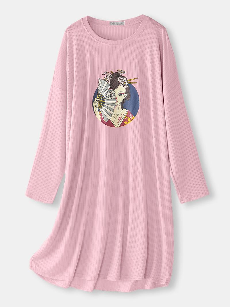 Plus Size Dam Ribbstickat Etnisk Stil Tryck Figurtryck Drop Shoulder Långärmad Nattkläder Hemma Nattlinnen