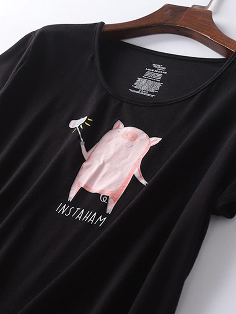 Plus Size Kvinnor Cartoon Pig Med Tryck Softies Kortärmad Hem Casual Nattlinne