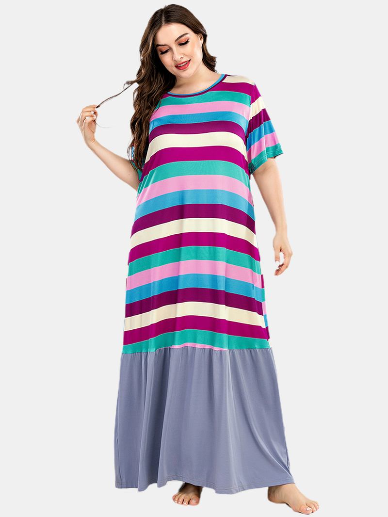 Plus Size Kvinnor Färgglada Stripe Patchwork Kortärmade Hem Casual Nattlinnen