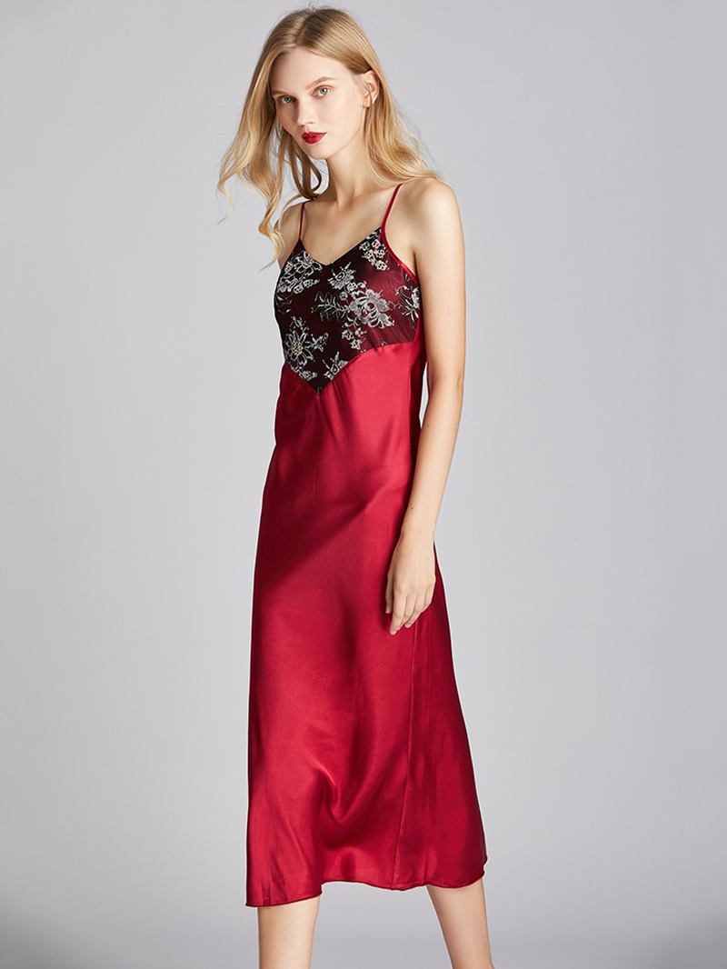 Satin Sling Flora Med Tryck Backless Tunn Longlined Nattlinne Nattlinne