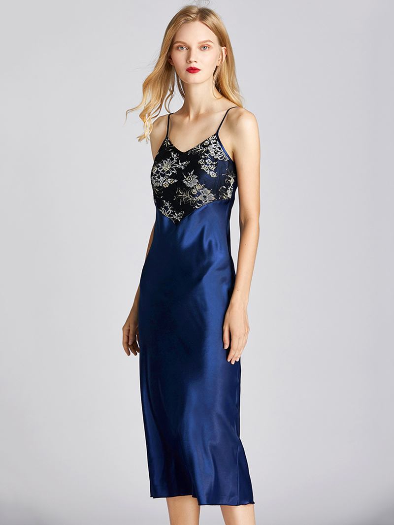 Satin Sling Flora Med Tryck Backless Tunn Longlined Nattlinne Nattlinne