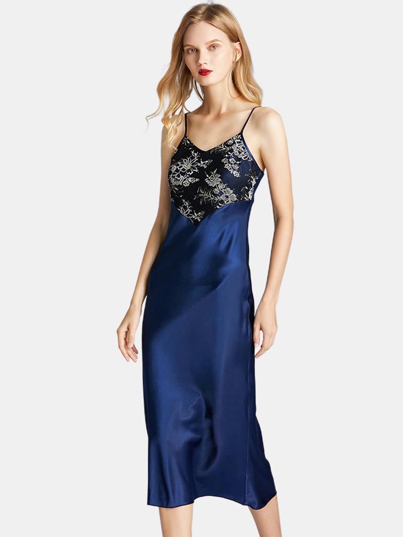 Satin Sling Flora Med Tryck Backless Tunn Longlined Nattlinne Nattlinne