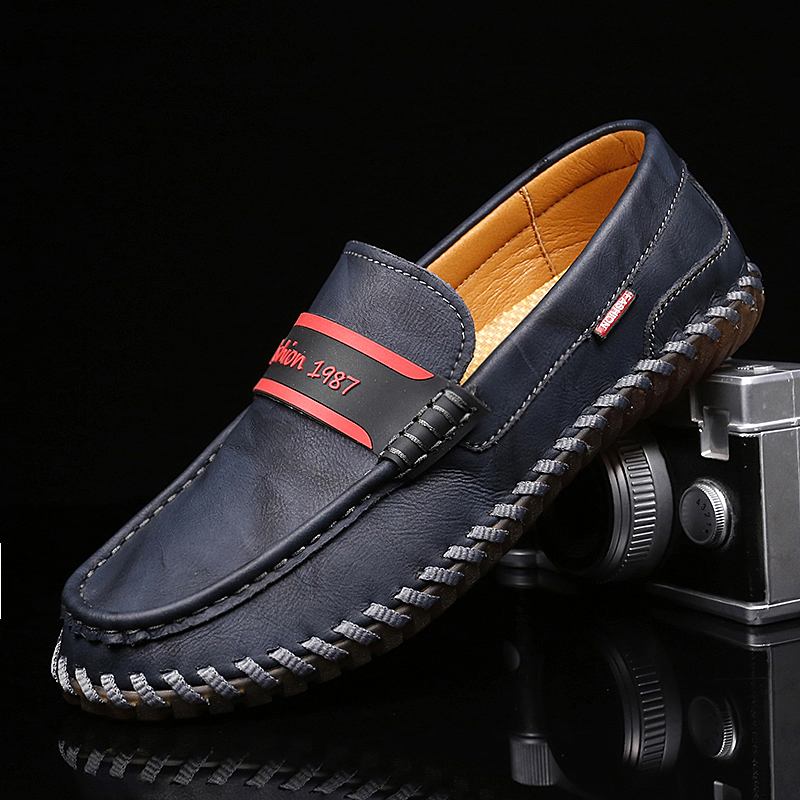 Män Kohud Läder Andas Handsömmar Mjuk Sula Slip On Casual Skor
