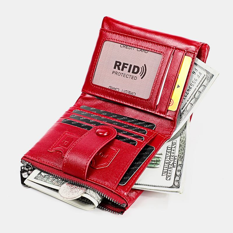 Herr Äkta Läder Dubbel Dragkedja Retro Business Casual Style Flerfickor Enfärgad Plånbok Med Kedja